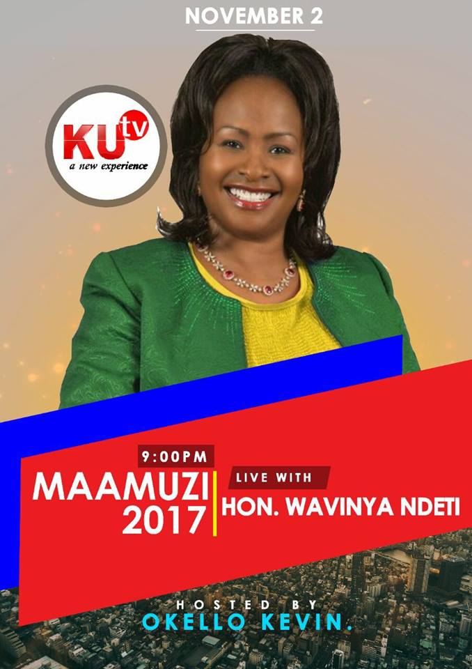 Today at 9:00PM on #KUTVMaamuzi2017, <a href="/OkelloKDennis/">Okello Kevin Dennis</a> hosts the former Machakos Gubernatorial candidate <a href="/Wavinya_Ndeti/">Wavinya Ndeti Oduwole, EGH</a> 
#WavinyaNdetiOnKUTV