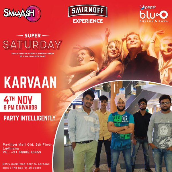 PVRbluO_'s tweet photo. Smirnoff Super Saturday is back again to #Ludhiana with karvaan band. Head to #bluO this Saturday to groove to their Indie Rock music. https://t.co/6zz7nebrHA