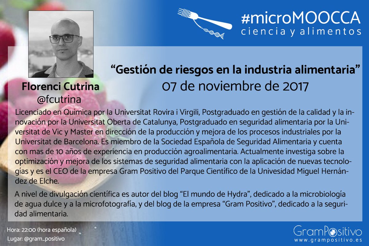 gram_positivo's tweet photo. Hoy tenemos “Gestión de riesgos en la industria alimentaria” con Florenci Cutrina (@fcutrina). #microMOOCCA https://t.co/kgKnc3Vx2V