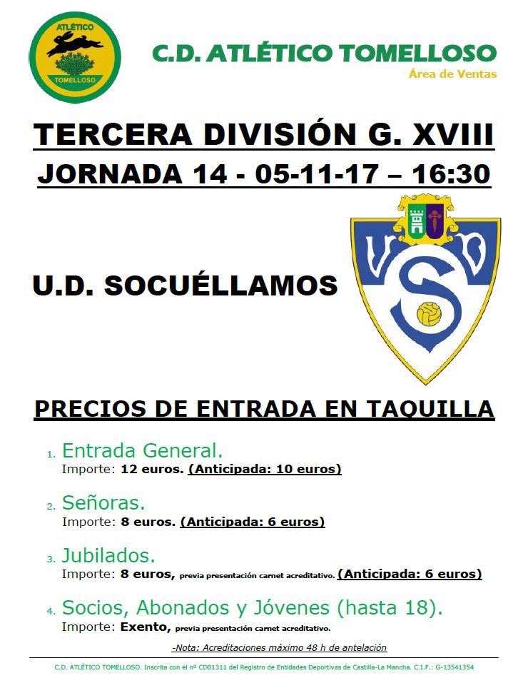 ⚽️<a href="/AtlTomelloso/">Atlético Tomelloso 💛💚</a> - <a href="/YugoUDS/">Yugo UD Socuéllamos</a>
📆Domingo 05 de Noviembre
⏰16:30 horas
🏟Paco Gálvez
🏆#J14 #TerceraDivisiónGXVIII
💛💚#IlusiónAuriverde