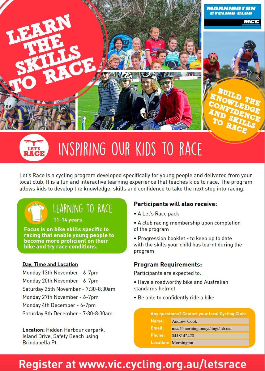 Mornington Cycling Club announce Junior program "Lets race”. Register Now!! Coach-Perform Cycling’s Dr Trent Brown!