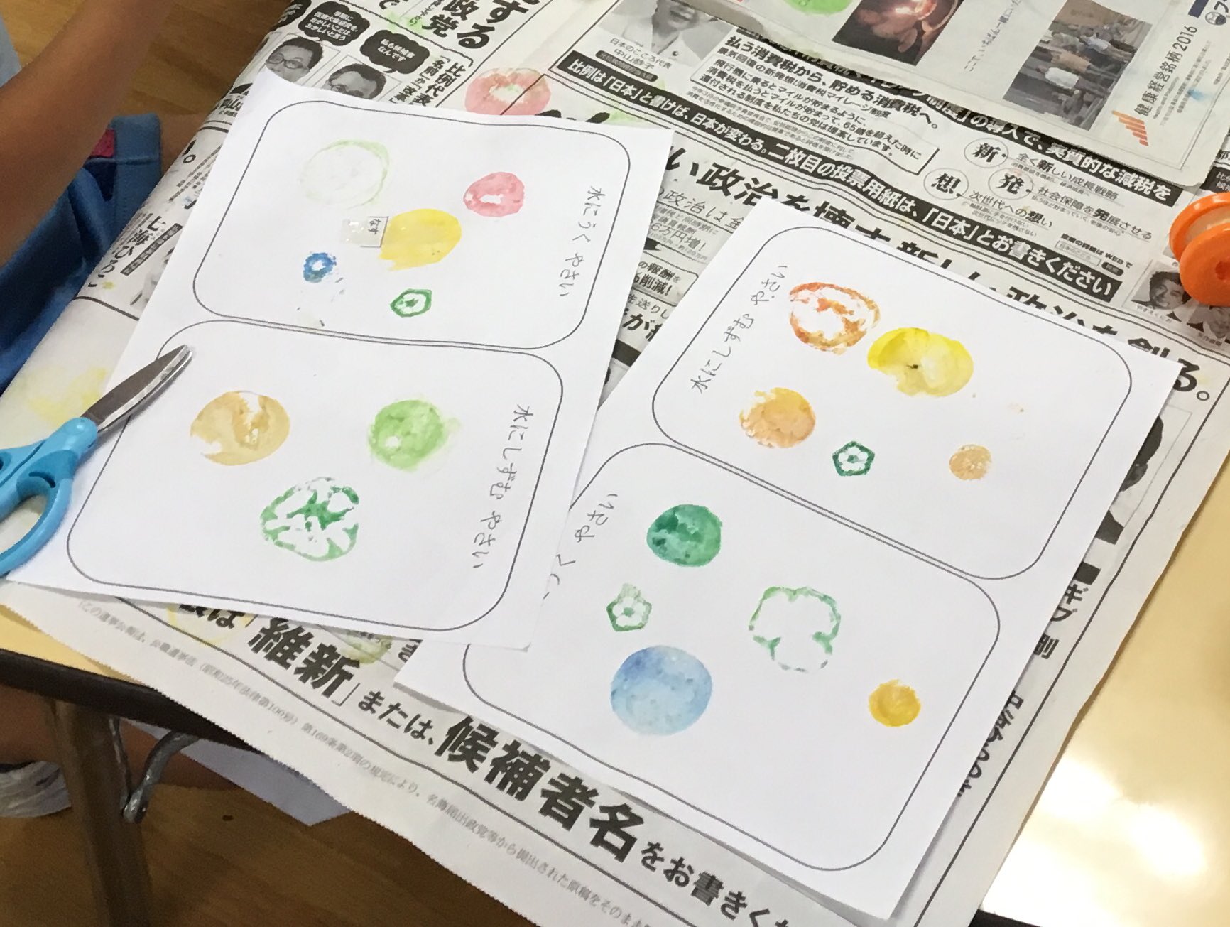 Npo法人science And Art 自然科学教室 野菜の浮き沈み 野菜は水に浮くものと沈むもの があります 大きなカボチャが浮いて 小さなジャガイモが沈むと子どもたちは大騒ぎ その後はスタンプをして 浮くものと沈むものを分けました T Co