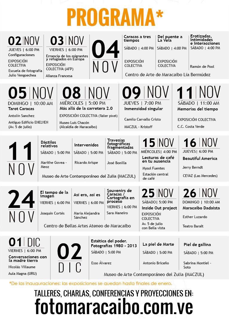 DeTodoUnFoco's tweet photo. Cronograma de exposiciones #FotoMaracaibo2017 #Maracaibo #Noviembre #QueHay #Fotografía #Venezuela #Imágenes #ParaVer #Recomendado https://t.co/Q7WNwpm9GF