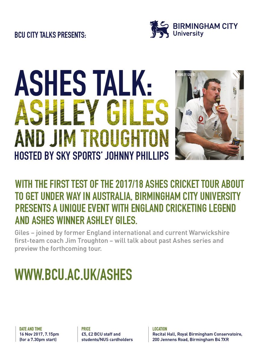 Excited about #Ashes2017? Get your tickets for #Ashes Talk 🏏 with Ashley Giles &amp; Jim Troughton <a href="/myBCU/">Birmingham City University</a> <a href="/BirmCons/">Royal Birmingham Conservatoire</a> bcu.ac.uk/ashes