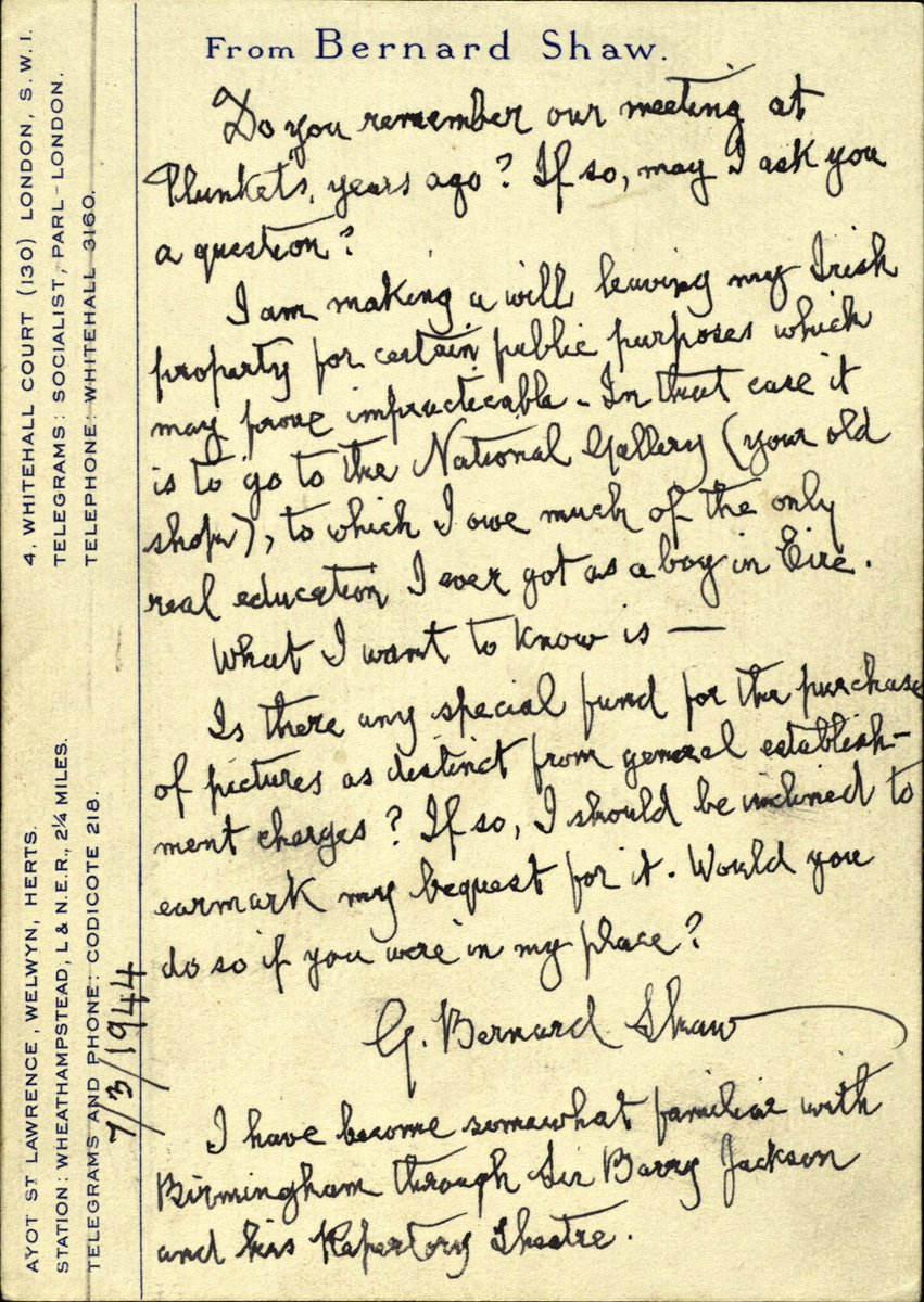 GB Shaw died #OTD in 1950. He generously gifted a third of the royalties frm his work to the National Gallery of Ireland! #Archives #shawday