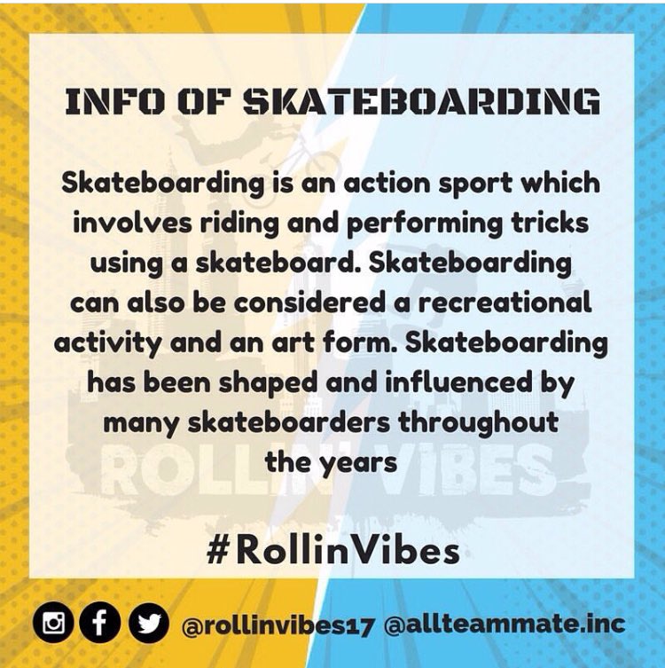 AllteammateInc's tweet image. What do you know about Skateboarding? 🤔 Follow us at @rollinvibes17 👟 More info &amp;amp; updates to come 
.
#RollinVibes17 #AllteammateFlyHigh