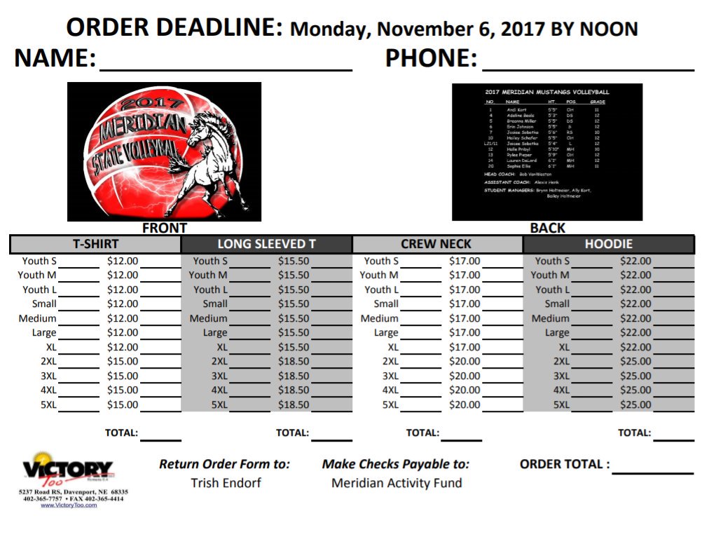 MeridianMustang's tweet photo. State volleyball t-shirt orders are due Monday, Nov 6 by NOON. https://t.co/QyeKatZXOt