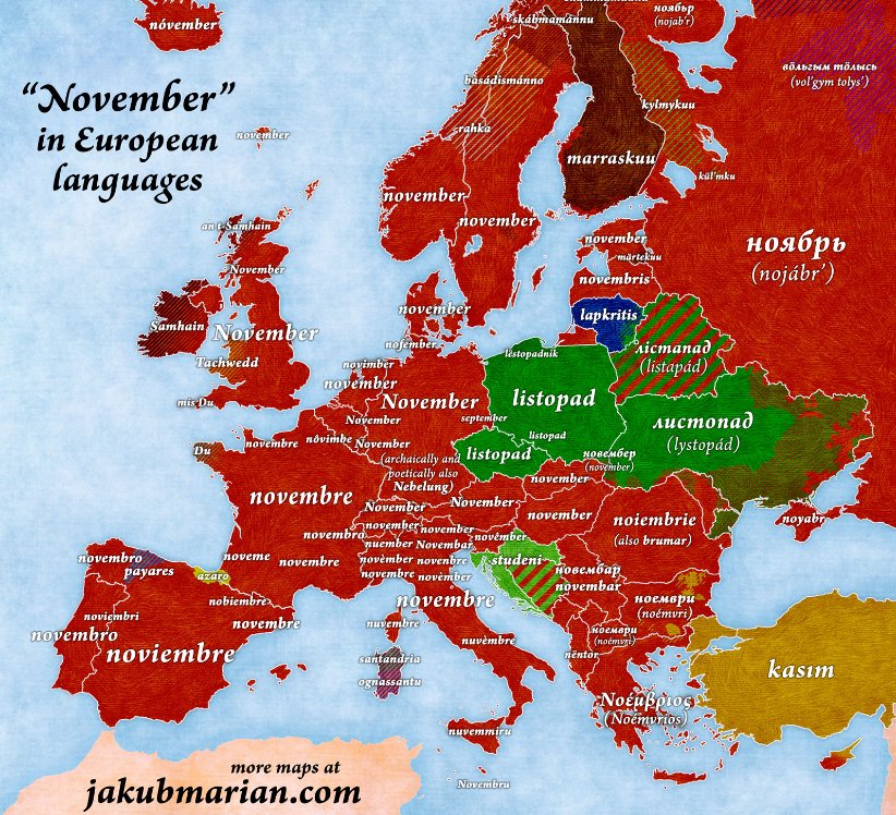 JohnRentoul's tweet photo. November in European languages (it's basically "November"): another map by @JakubMarian https://t.co/ahi5kfcErH https://t.co/E9dXtvSWdO