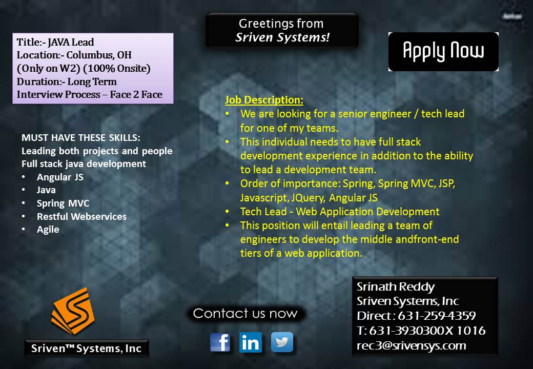srivensystems's tweet image. #Hiring #JavaDeveloper #JavaLead #Spring #MVC, #JSP, #Javascript, #JQuery, #AngularJS
@srivensystems
Email: rec3@srivensys.com