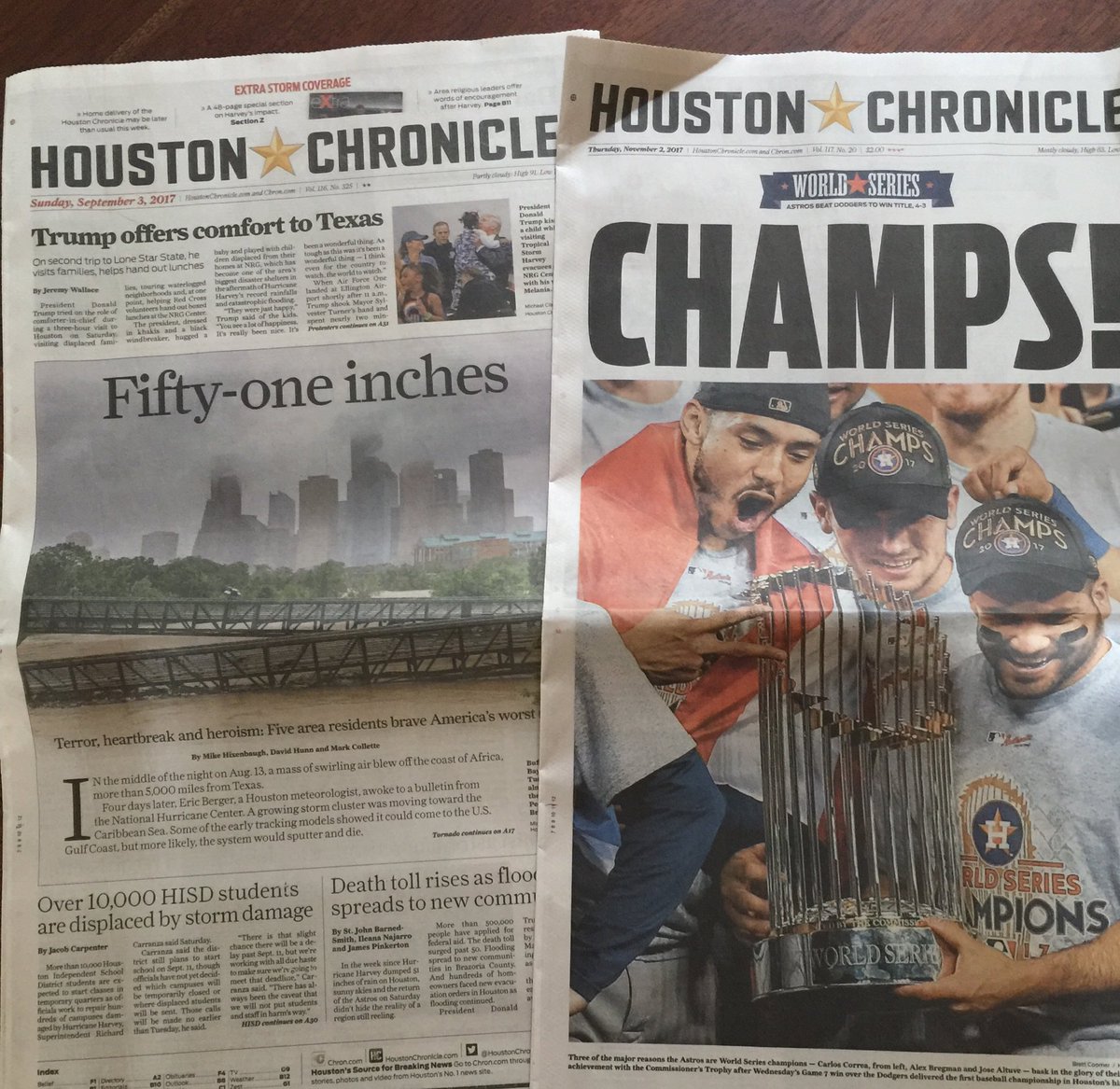 From 51 inches of rain to a 5- 1 win.  #irony #worldseries17 #astros #HoustonStrong