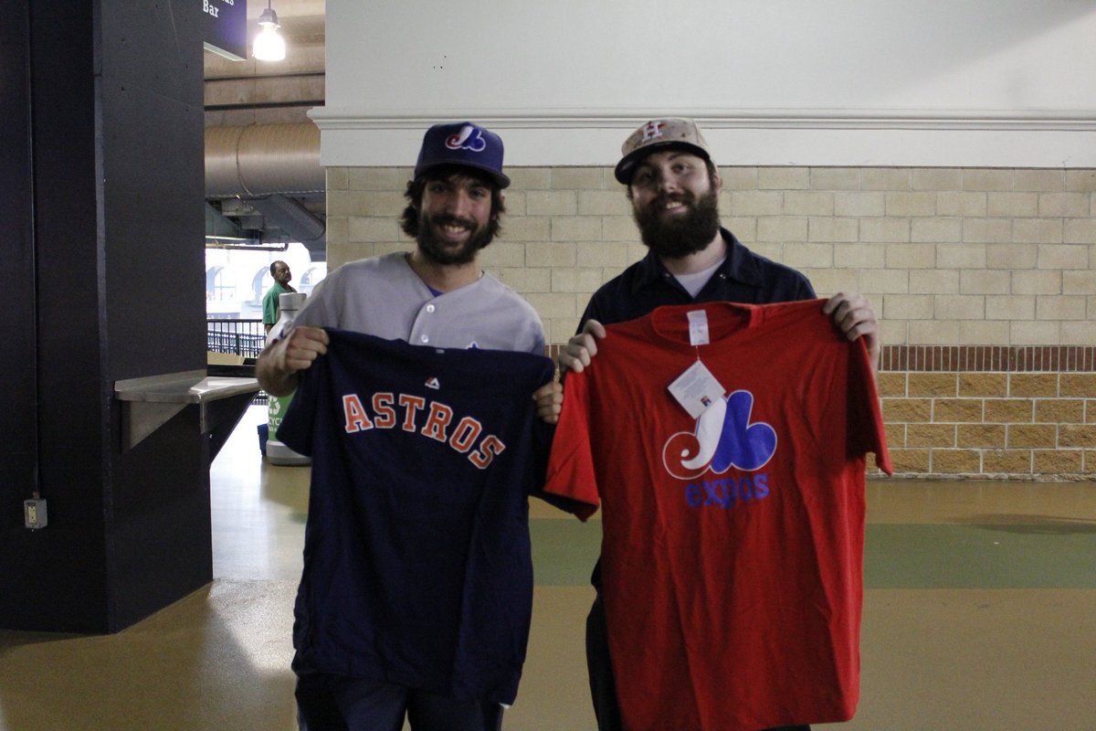 In 2014, I traded this expos shirt for an <a href="/astros/">Houston Astros</a> shirt with <a href="/wconnaught/">William Connaught</a>. Could not be happier to wear it today! #WorldSeries #Astros