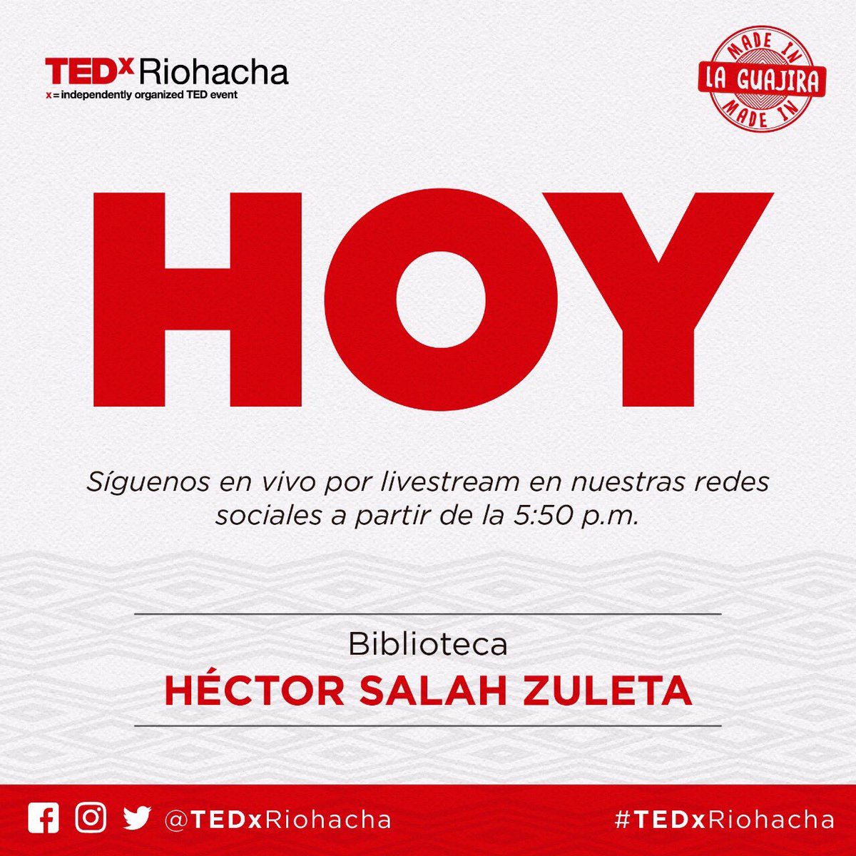 ¡Síguenos en vivo por Facebook Live a partir de las 5:50 p.m. No te lo puedes perder! #TEDxRiohacha
