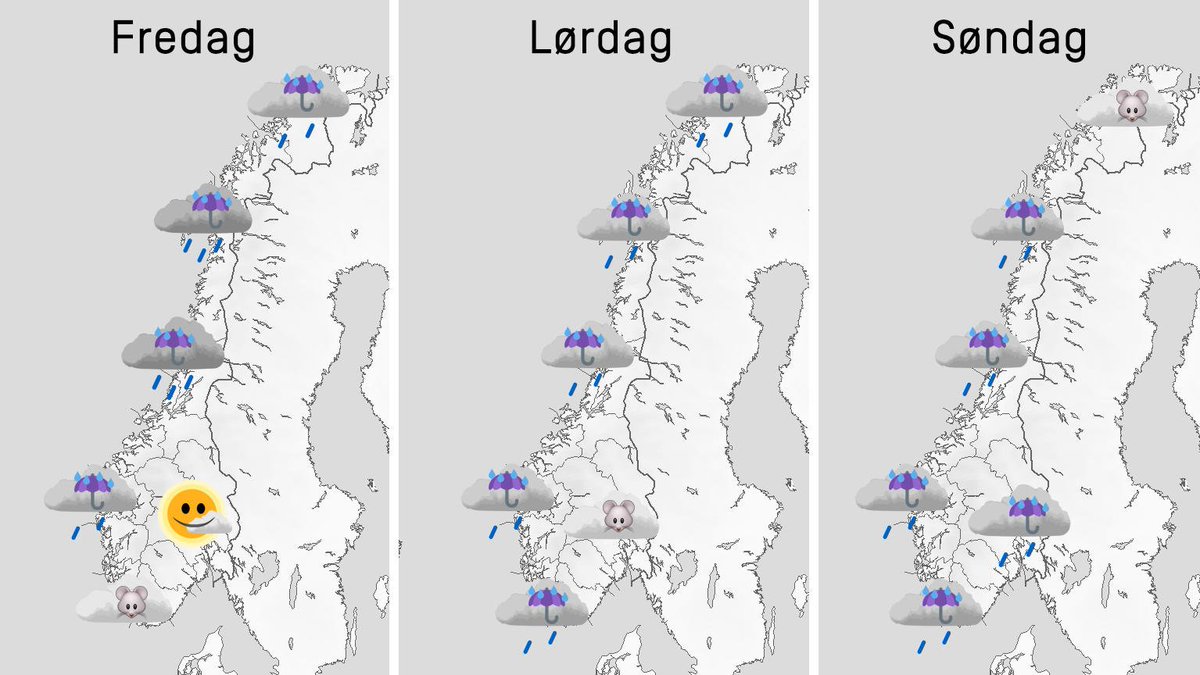 Meteorologene's tweet photo. Denne helgen deler vi ut 14 paraplyer☔️ 3 grå mus🐭 og kun én sol!🌞 God helg #Norge! https://t.co/uHrAtKdiLx