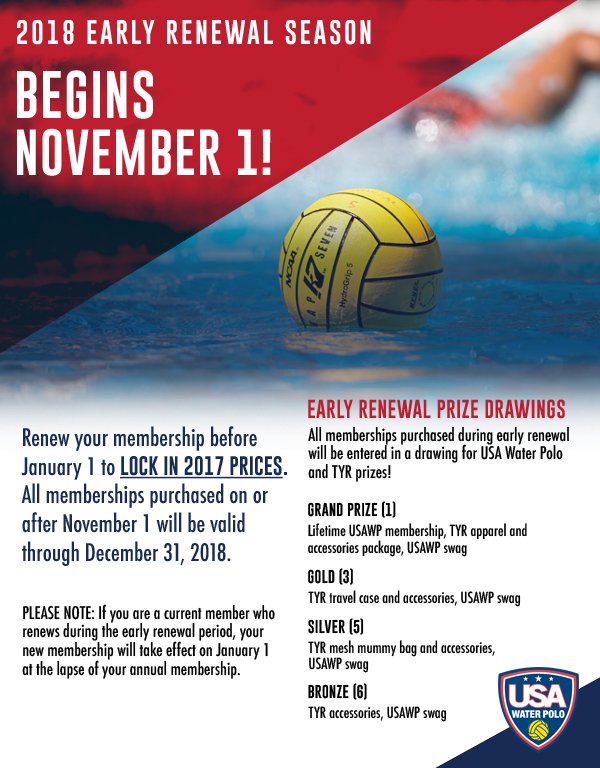 USAWP Membership Renewal Season is NOW UNDERWAY!

Lock-in 2017 pricing and enter to win USAWP &amp; <a href="/TYRSport/">TYR Sport</a> prizes.

usawaterpolo.org/genrel/103017a…