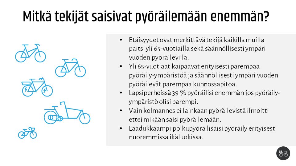Pyöräilisin kyllä, mutta... Mikä saisi valitsemaan pyöräilyn? Sopiva matka, parempi infra ja hyvä pyörä, sanoivat suomalaiset. #pyöräily