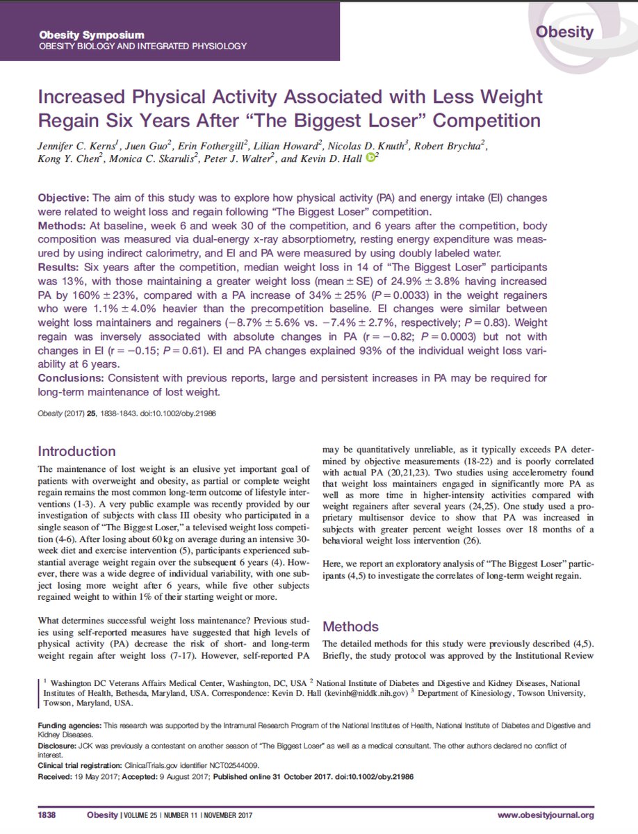 EricTopol's tweet image. Exercise &amp;amp; weight loss:
Contrast a review of &amp;gt;60 studies @voxdotcom vox.com/2016/4/28/1151… w/ 1 small unreplicated nytimes.com/2017/10/31/hea…