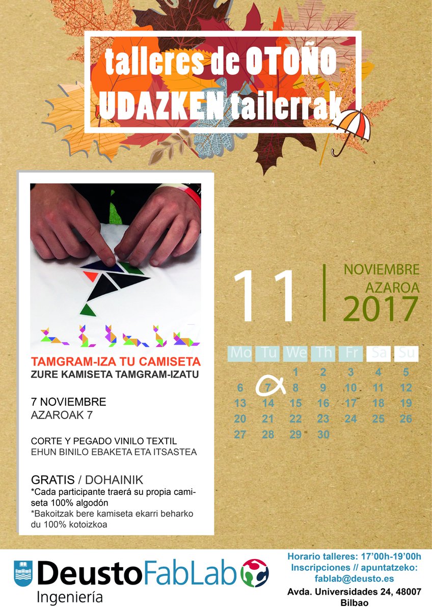 DeustoFabLab's tweet photo. 🍂⚙️7NOV (17h-19h) #taller TAMGRAM_IZA TU CAMISETA 🤖y es ¡GRATIS! 💫😁#cortevinilo #corte #textil #vinilcut Inscr. en fablab@deusto.es https://t.co/3GJaFrAet4