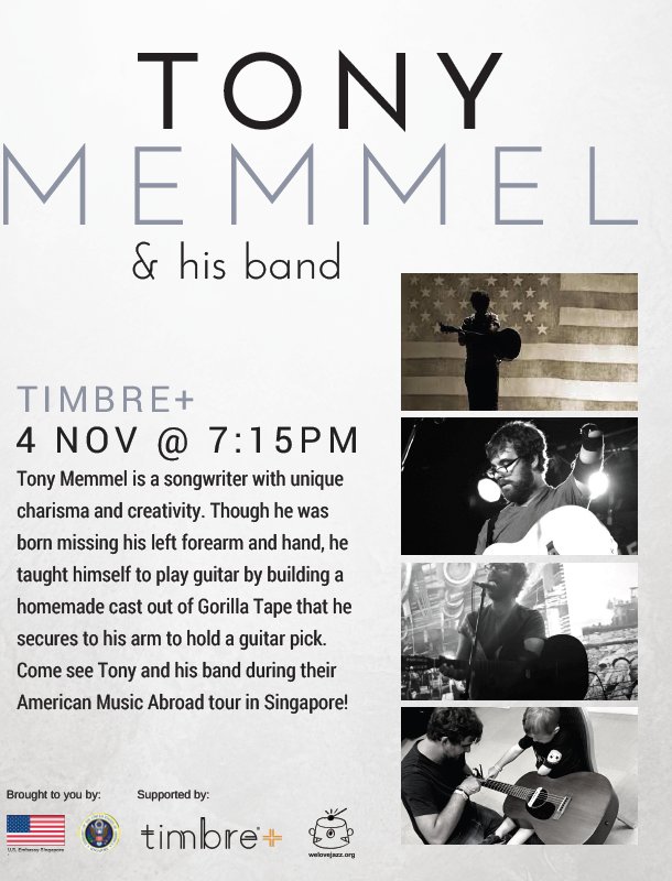 USEmbassySG's tweet image. Hello Tony! Welcome to Singapore!
Watch @tonymemmel LIVE with his band on Nov 4 at Timbre+. Bring your family and friends. Entrance is FREE!