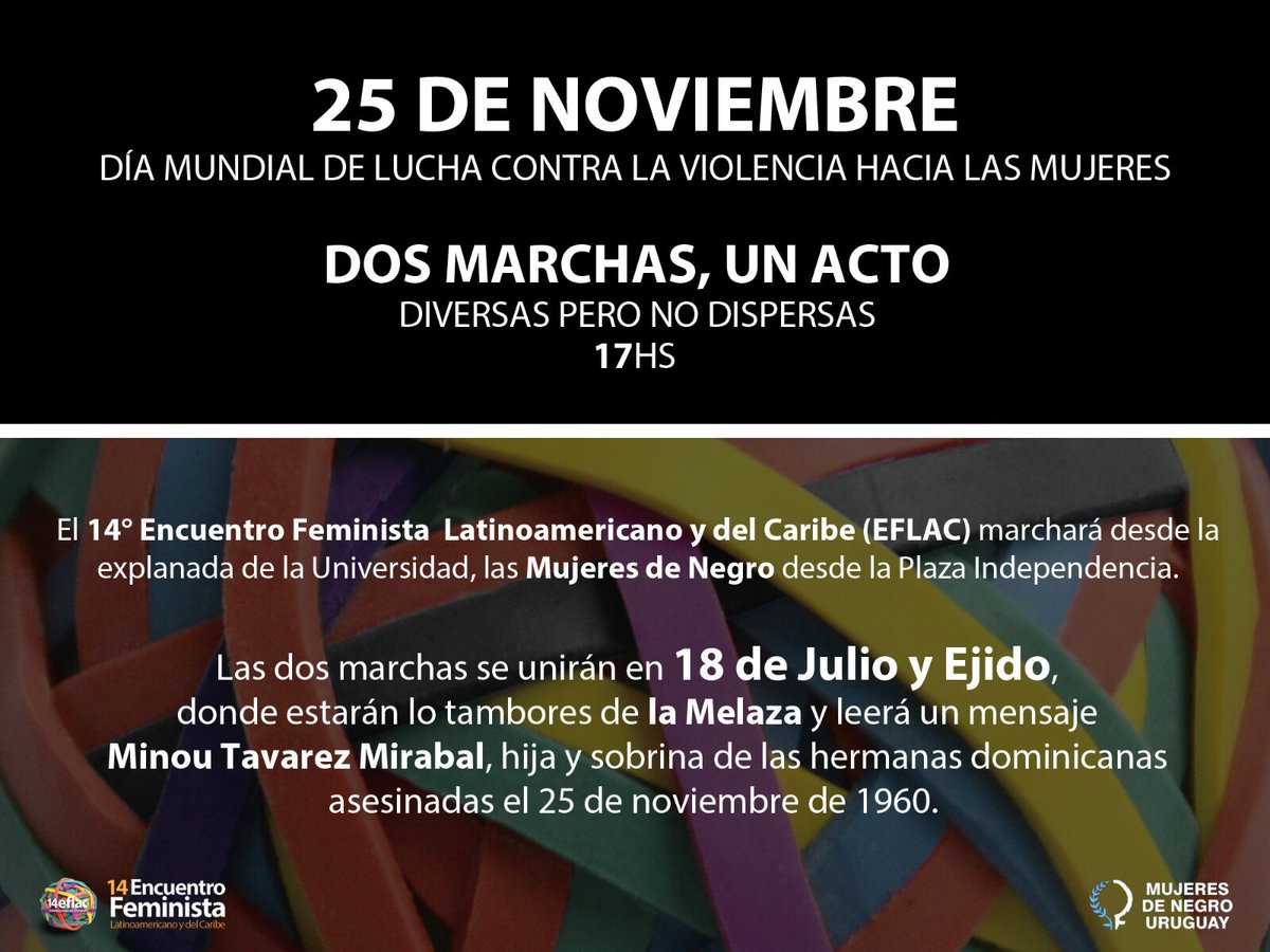 susanagkp's tweet photo. El 25 de Noviembre #DiversasPeroNoDispersas
Dos marchas: la tradicional de todos los años de @MdNuruguay y la de @14EflacUruguay.
UN acto https://t.co/h1X9fBHxkj