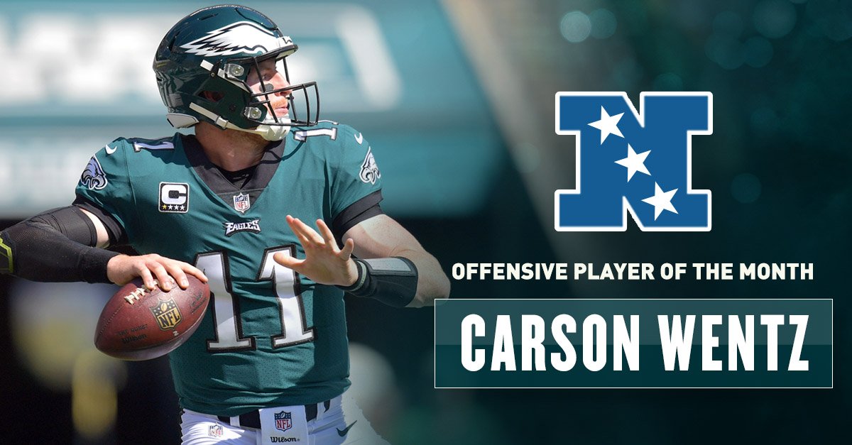 Eagles's tweet photo. October's NFC Offensive Player of the Month.

Congrats, @cj_wentz!
#FlyEaglesFly https://t.co/MPFE8ROX5Q