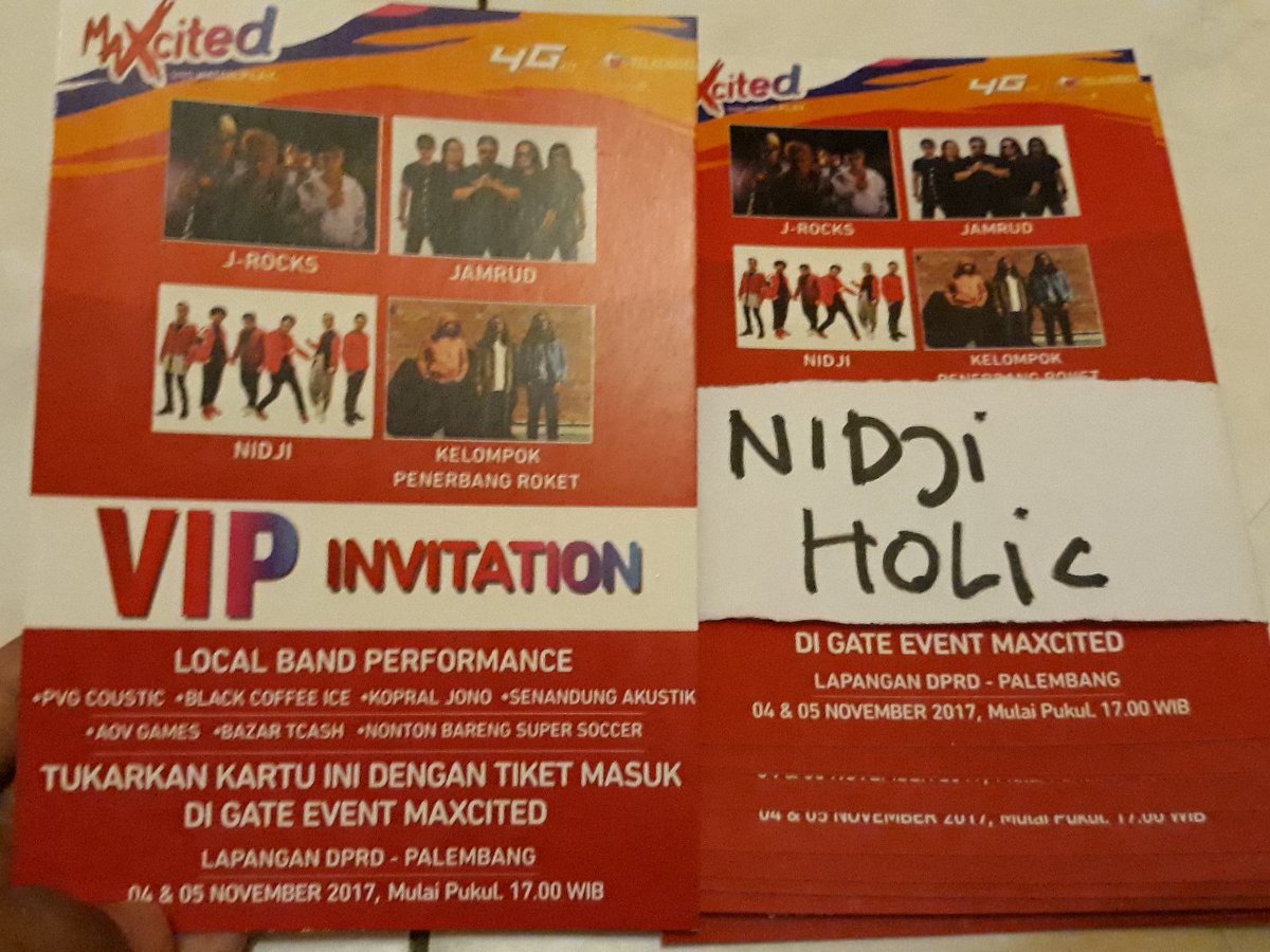 NH_Palembang's tweet photo. Halloo NIDJIholic Palembang! Mimin punya tiket event keren #MAXCITED Telkomsel 4-5Nov2017 di Lap.DPRD. NIDJI tgl 5.Yg mau comment! TPDAS :) https://t.co/onFnc0HViV