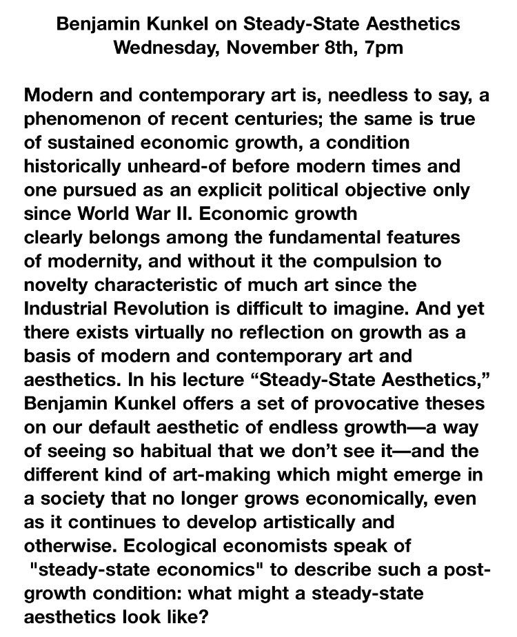TAInstitute's tweet photo. Next week: Benjamin Kunkel on Steady-State Aesthetics, Wednesday, Nov. 8th, 7pm. https://t.co/BAuj5wJ63j