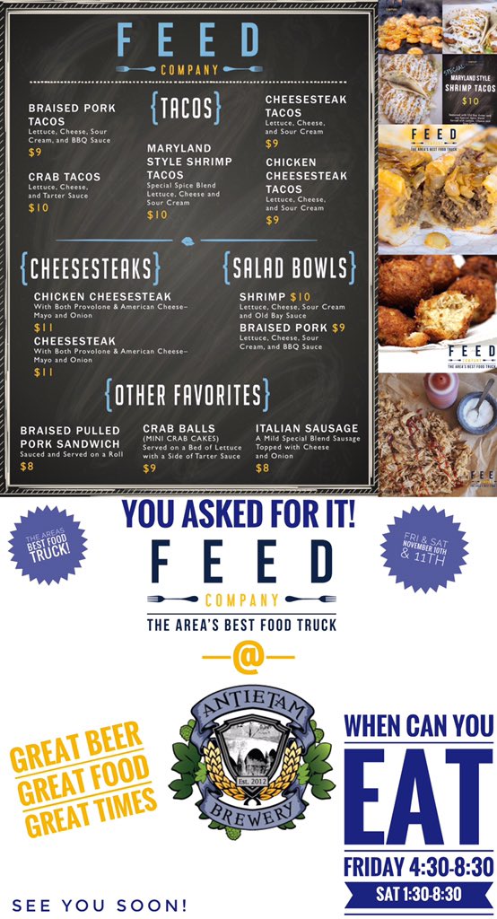 Next Friday &amp; Saturday - Nov. 10 &amp; 11th..The famous FEED COMPANY will be at <a href="/Antietambrewery/">@antietambrewery</a>! Come out and see us 4 Great Beer, Food, &amp; Fun!