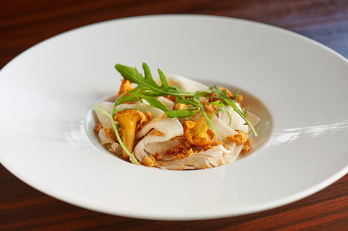 Enjoy some of our new dishes like this Cold-sliced Dingly Dell pork with Scottish girolles, apple gel, chopped crackling and wild rocket