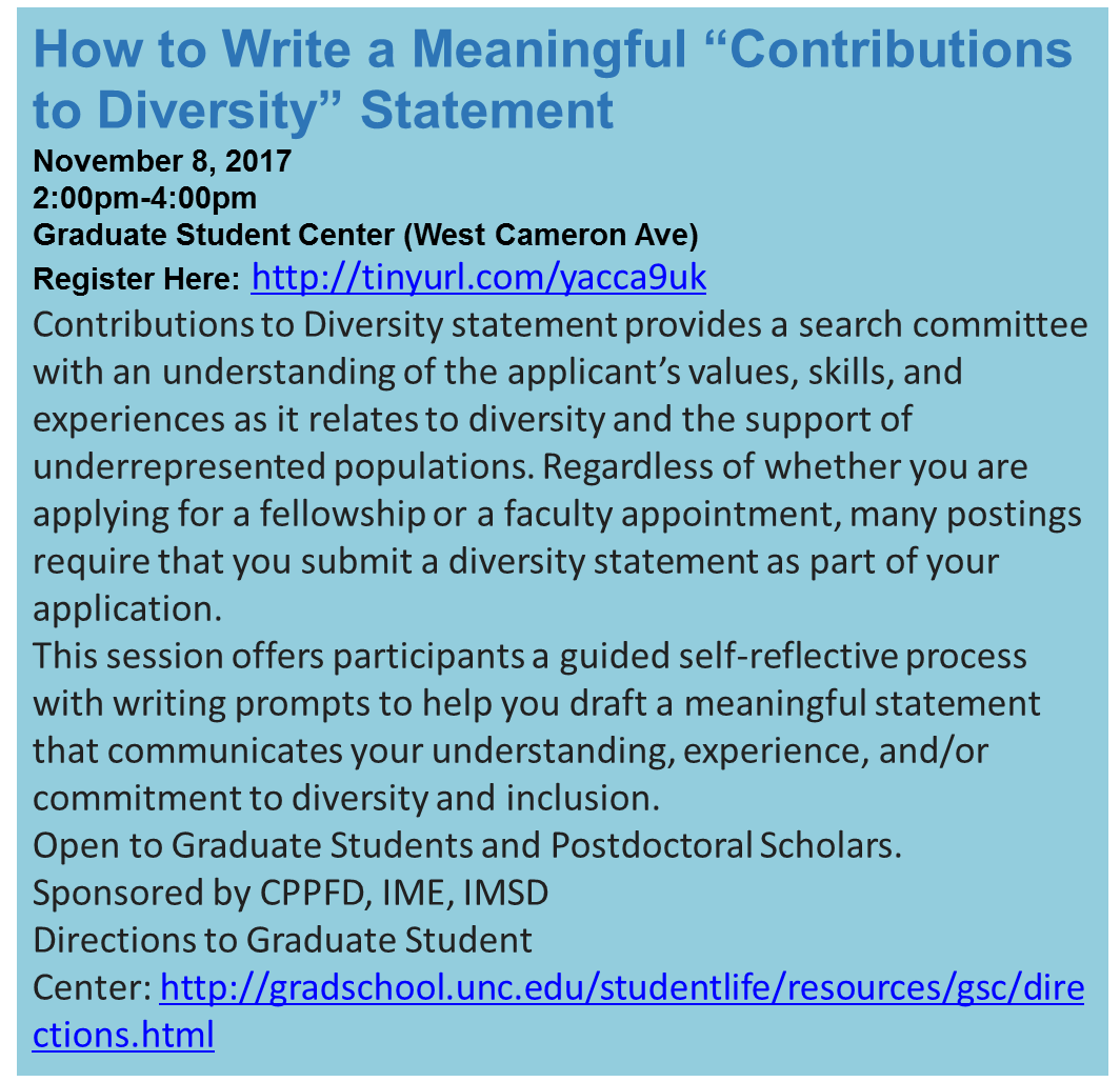 UNCPostdoc's tweet photo. How to Write a Meaningful “Contributions to Diversity” Statement, Register: https://t.co/Q6BRvqTi7T
#uncpostdocs @UNCPDA @UNCMinorityPost https://t.co/2TCOLdmn5C