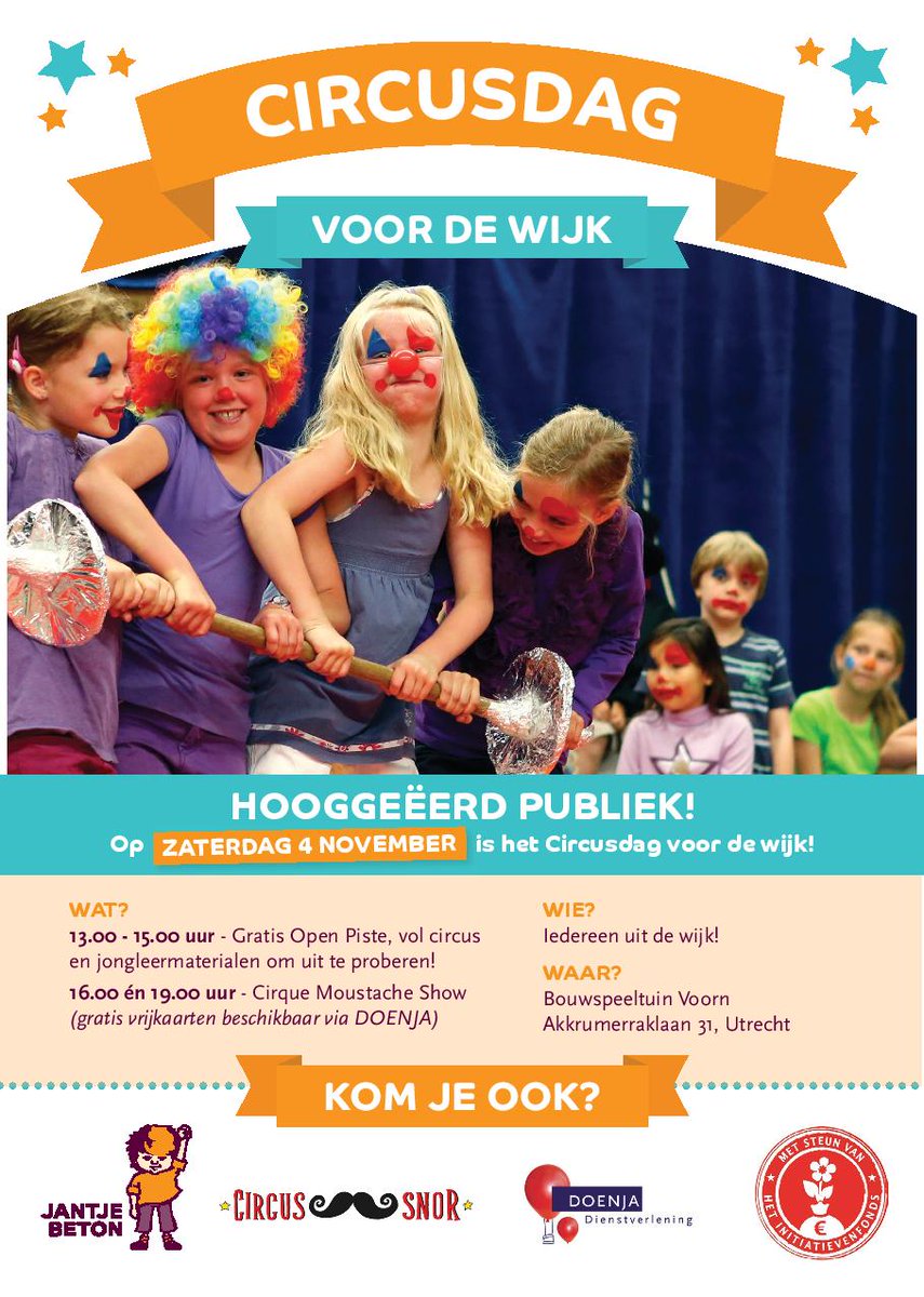 Deze zaterdag CIRCUS! Haal kaartjes bij de speeltuin. Helaas is alléén de show van 19:00uur nog beschikbaar. Wel tussen 1-3 uur open piste.