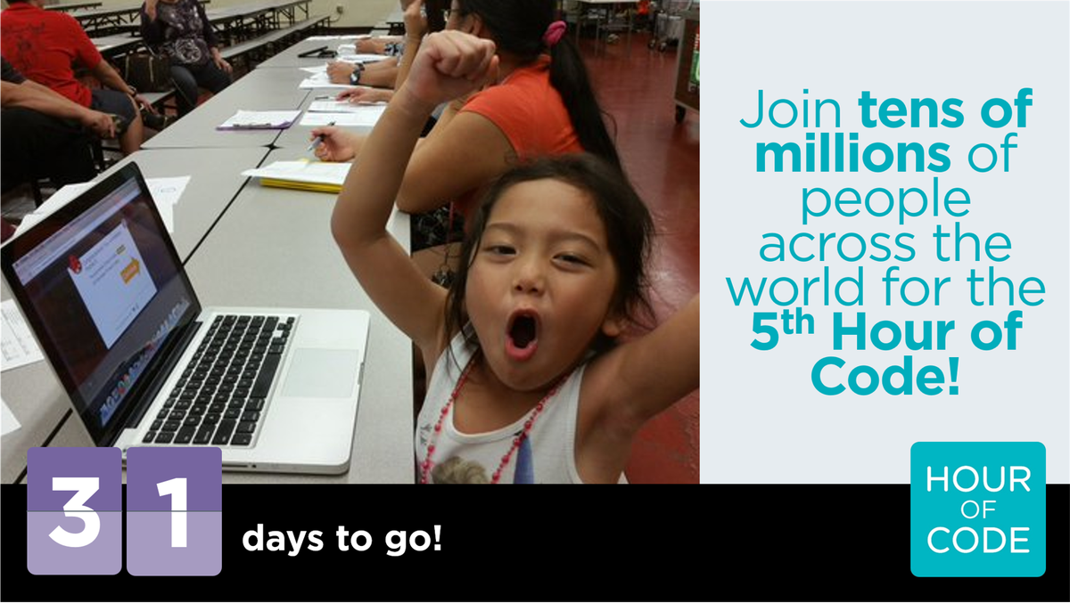 codeorg's tweet image. Just one month to go before the 5th #HourofCode! Join the movement and sign up today! hourofcode.com/#join