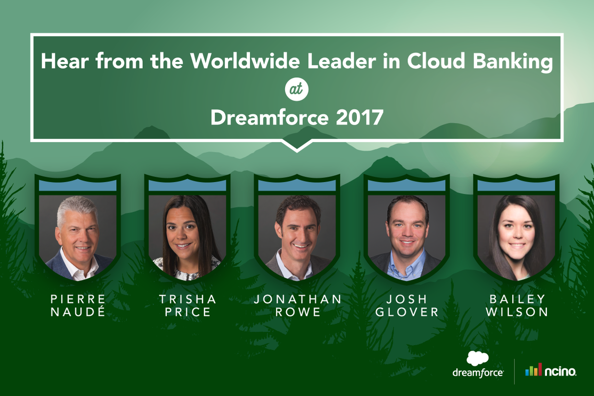 JuliaDBowen's tweet photo. Between two @Dreamforce keynotes, 11 sessions, and a booth in the FinServ lodge, @ncino will be easy to find! #DF17 https://t.co/oPgQvc8Bbq