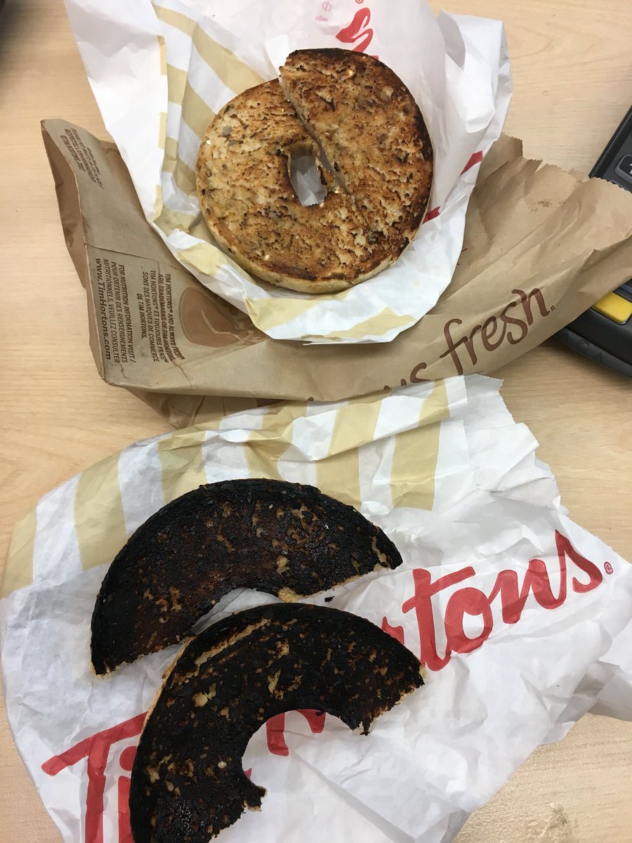 MasriPR's tweet photo. The service at @TimHortons lately = 🙅🏻🙅🏻🙅🏻My moms bagel (top) had no butter and isn’t even cut properly, mine is pretty self explanatory. https://t.co/7ZE03ZEZZb