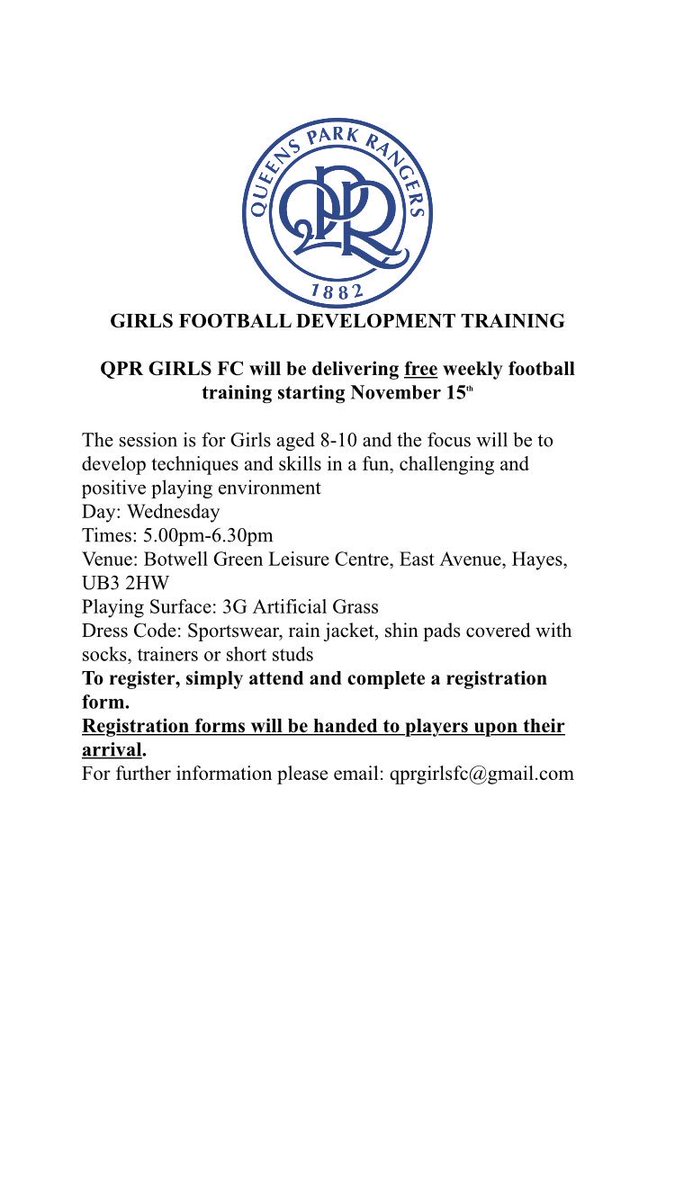 QPR Girls FC Development Training for 8-10 years. Starting 15th November at Botwell Leisure in Hayes Middx.