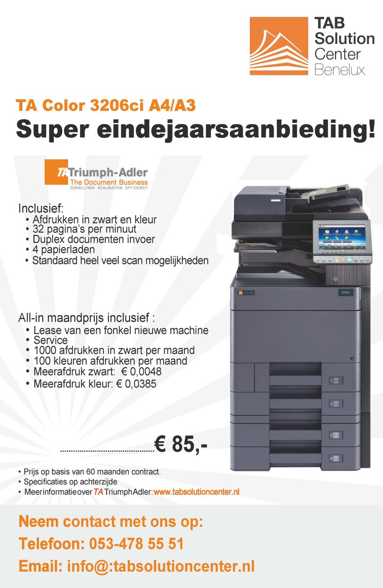 TABsolution's tweet image. 100% gemoedsrust met 5 jaar service

Ook dit jaar bieden we onze Triumph-Adler klanten 100% gemoedsrust met 5 jaar service. Klanten die tussen 05-11-2017 en 31-12-2017 de deelnemende Triumph-Adler A4/A3 kleurenmultifunctional 3206ci leasen krijgen voor 5 jaar all-in service