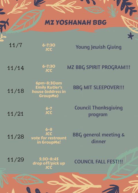 OMAHA COUNCIL
Here’s our very first MONTHLY NEWSLETTER!!

An overview of your BBYO November: 
(flyers for separate programs will follow)