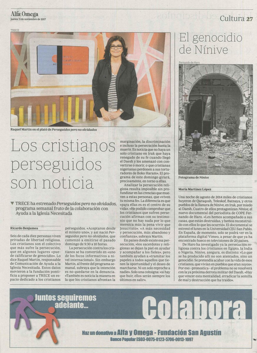 AyudaIglesNeces's tweet photo. Gracias @alfayomegasem por haceros eco en papel de nuestro nuevo programa "Perseguidos pero no olvidados" en @TRECE_es. El domingo nos vemos https://t.co/it6tVGQMk6