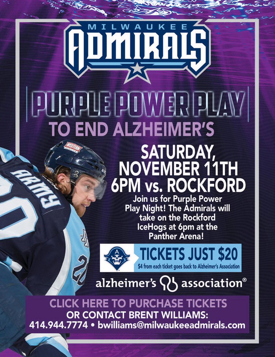 mkeadmirals's tweet photo. Come support the Alzheimer's Assoc. on 11/11. $4 from every 🎟️ purchased helps the fight to end Alz! Get em' here -->https://t.co/SXmIsNtcjh https://t.co/gdnTK79yaK