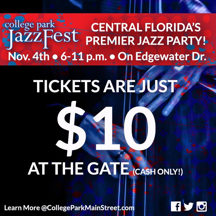 CollegeParkFla's tweet photo. @CollegeParkFla JazzFest 2017 IS THIS SAT 6-11 p.m. on The Drive! Just $10 (cash only) at the gate #cpjazzfest #32804 #AGreatFLEvent https://t.co/K52x1E9r2K