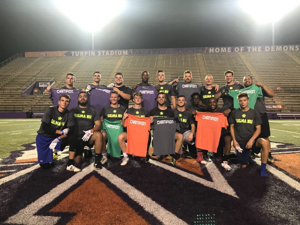 NSUDemonsIM's tweet photo. Congrats to our flag football champs @SigmaNu_NSU, Barzzz Juice, &amp; Niko Juice! 😈🏈 https://t.co/E3Q8lVT9aQ