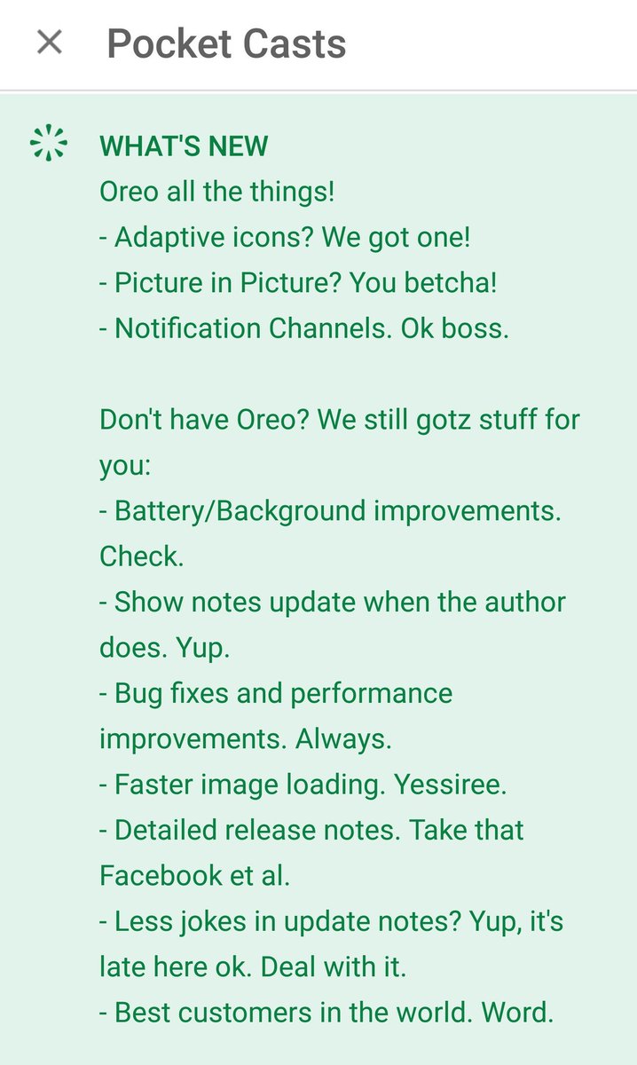 jdata1's tweet image. Not every app&apos;s release notes are as much fun to review as @pocketcasts, at least for Android. 

The latest is below. 

#docmentation #kudos