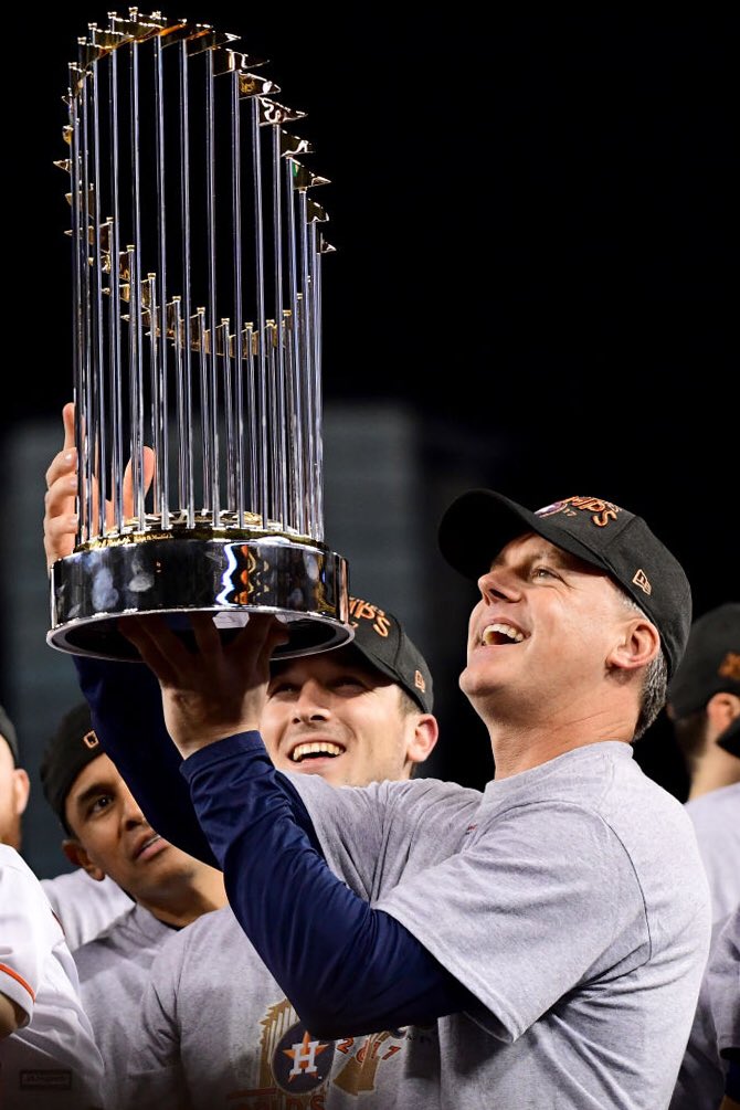Congrats to the <a href="/astros/">Houston Astros</a> &amp; Delt manager <a href="/ajhinch/">AJ Hinch</a> on winning the World Series. Hinch is the only member to hoist the Commissioner's Trophy.