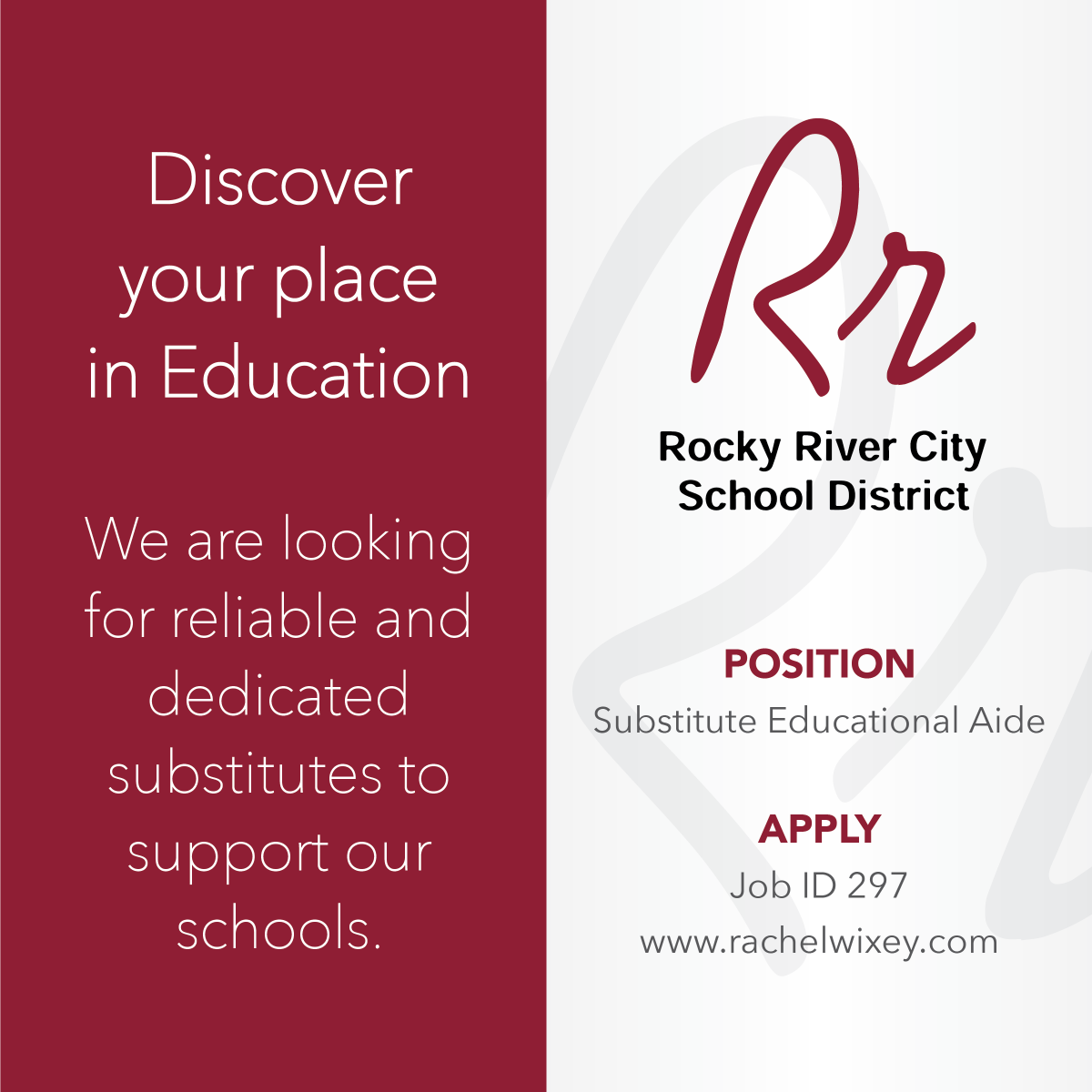 We're Hiring Substitute Educational Aides for Rocky River City Schools!
$13.82 per hour
Apply Today:  rachelwixey.com