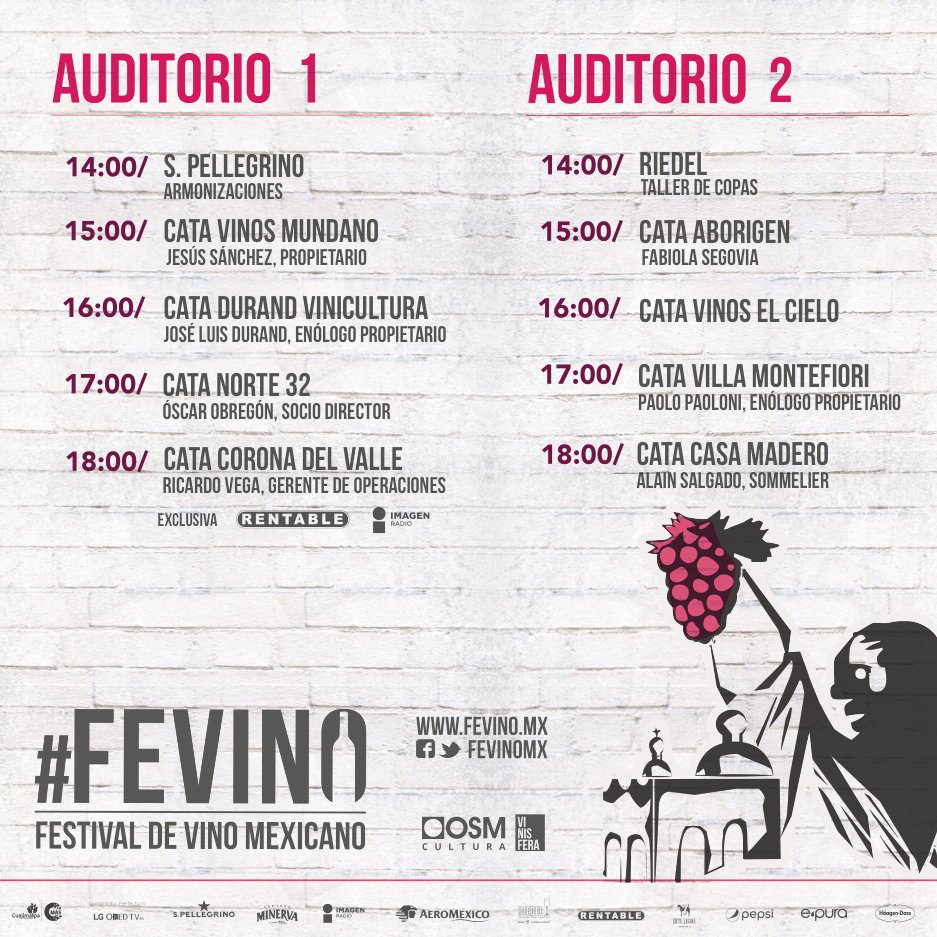 FEVINOMX's tweet photo. ¡Les compartimos el itinerario de las catas! Recuerda que el cupo es de 50 px. Llega 5 min antes para asegurar tu lugar. https://t.co/140MUzkJOi