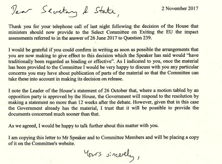 IanDunt's tweet photo. Benn letter to Davis quite interesting. Suggests DExEU not allowed to redact impact assessments ahead of sending them to Brexit committee., https://t.co/mAUCrwleMc