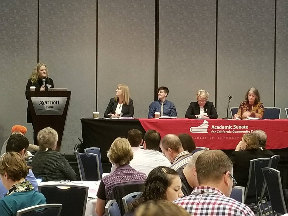 TTena's tweet photo. Lots of energy at Plenary!  Guided Pathways panel underscoring the role of faculty to lead the effort at their college #guidedpathways https://t.co/wSsOUJtAMU