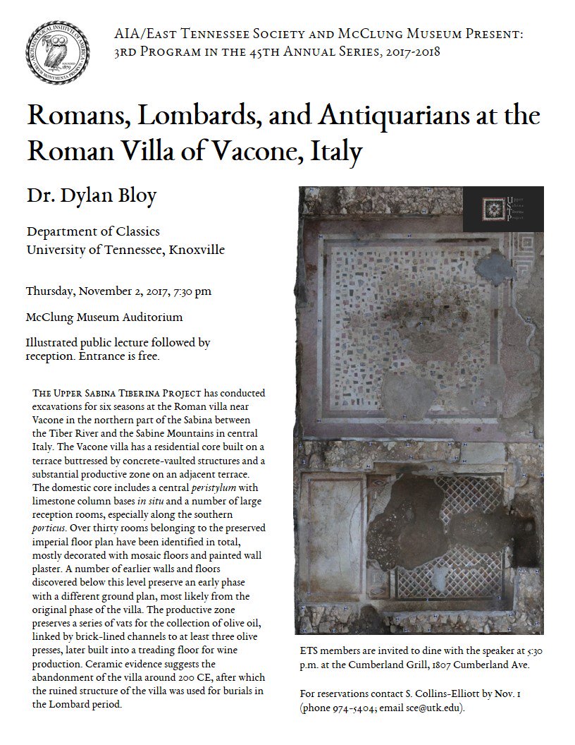 aia_ets's tweet photo. Lecture tonight at 7:30 pm by our own Dylan Bloy about his excavations in Italy! @ArtsSciencesUT @UTKClassics @UTKnoxville @archaeology_aia https://t.co/kNVTJgHeFK