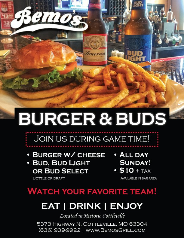 bemosgrill's tweet photo. Join us in the bar during game time to watch your favorite team! Order a burger and a bud for $10 + tax. https://t.co/CPc8tyFsfX