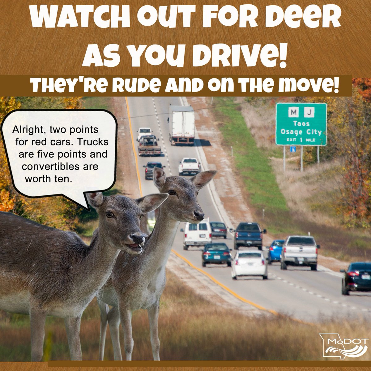 MoDOT's tweet photo. Cooler weather has deer on the move in Missouri. Look out for deer when you’re driving! #DriveSafe #DeerSeason https://t.co/YJanhHFoce