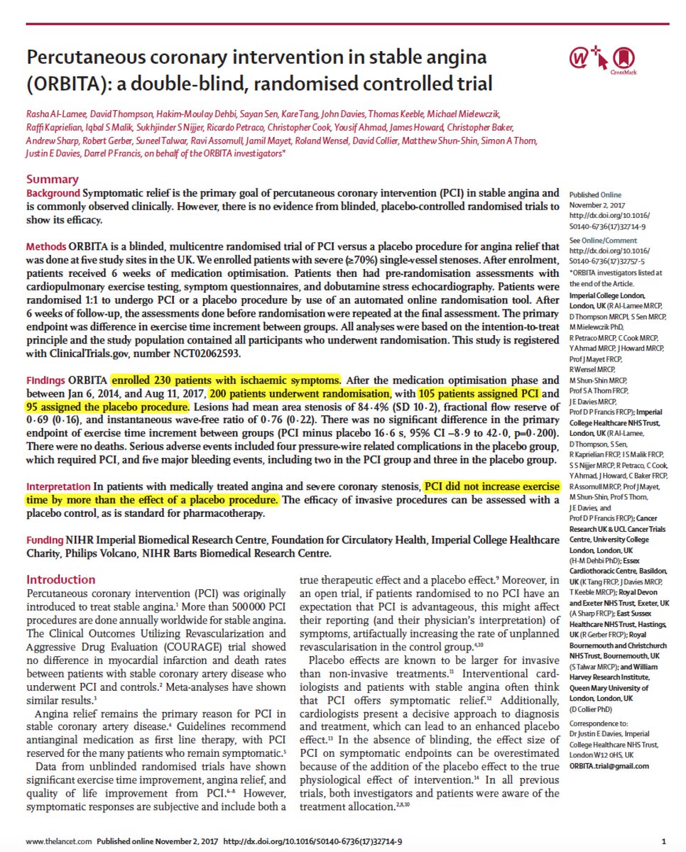 EricTopol's tweet photo. What is "Unbelievable" is a N=200 patients for PCI done > 500,000 people/yr w/ ??? endpoint https://t.co/L8ISSE6f0L
https://t.co/FDqkpqEQuI https://t.co/Lbg6F2BC8z